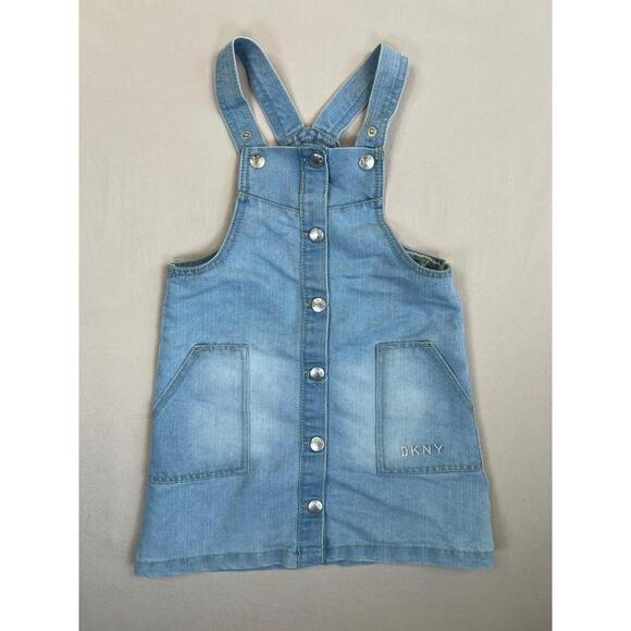 DKNY Girls Denim Jumper Dress Button Front Pocketed Strap Shoulders Overall Sz 6 - Picture 2 of 8
